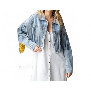 NEW VEVERET rhinestone fringe cropped denim moto jacket in blue